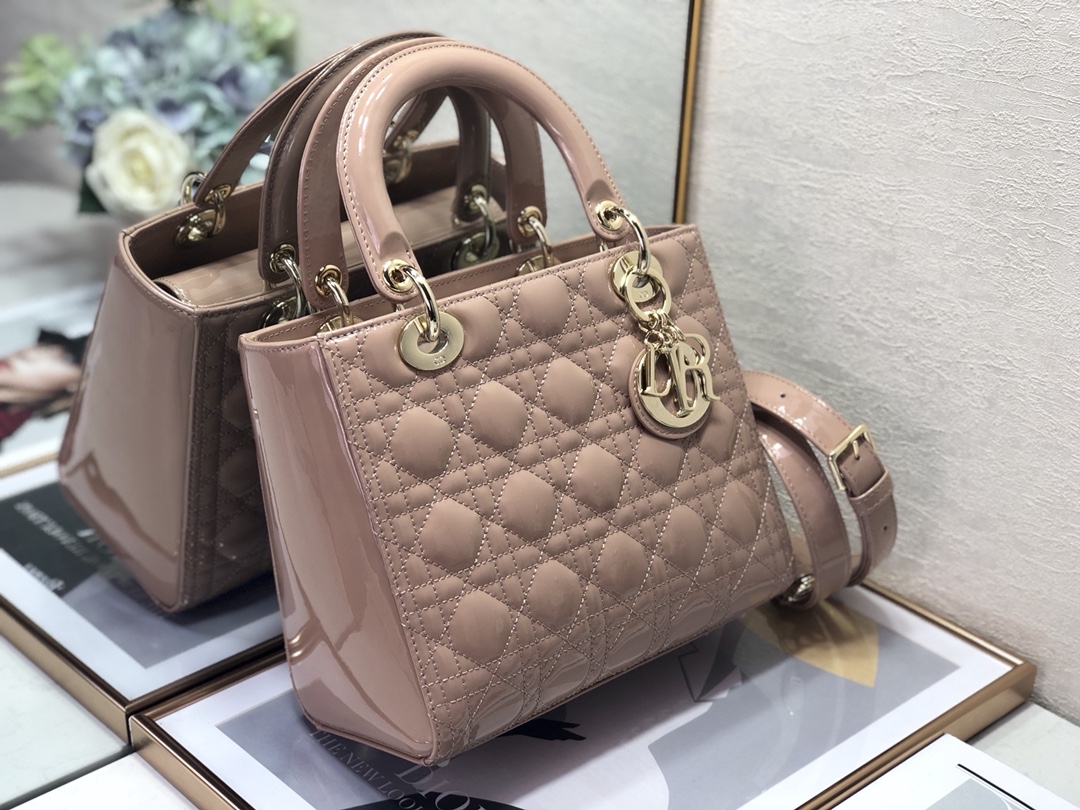 Medium Lady Dior Bag Powder Beige Patent Cannage Calfskin